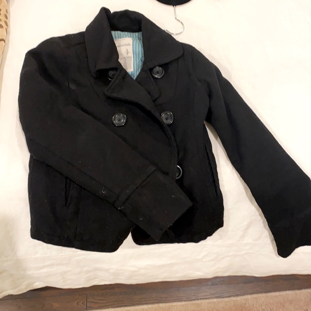 Black, short, pea coat with pockets.